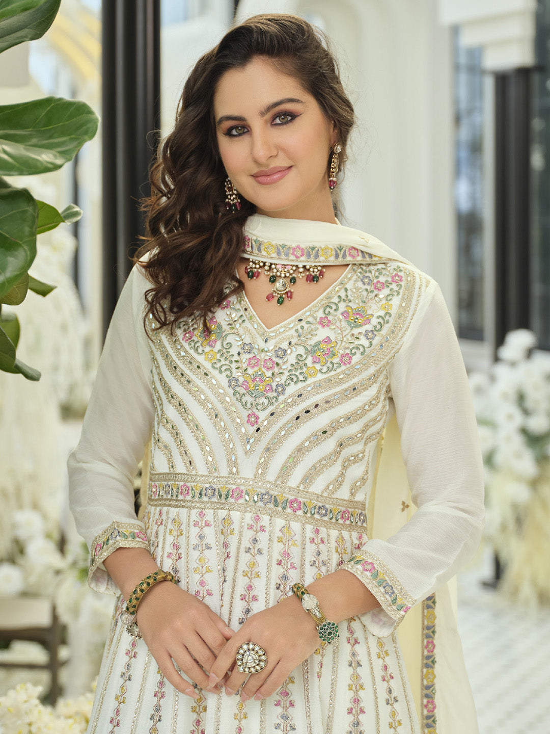 White Embroidered Chinnon Kurta Palazzo Dupatta
