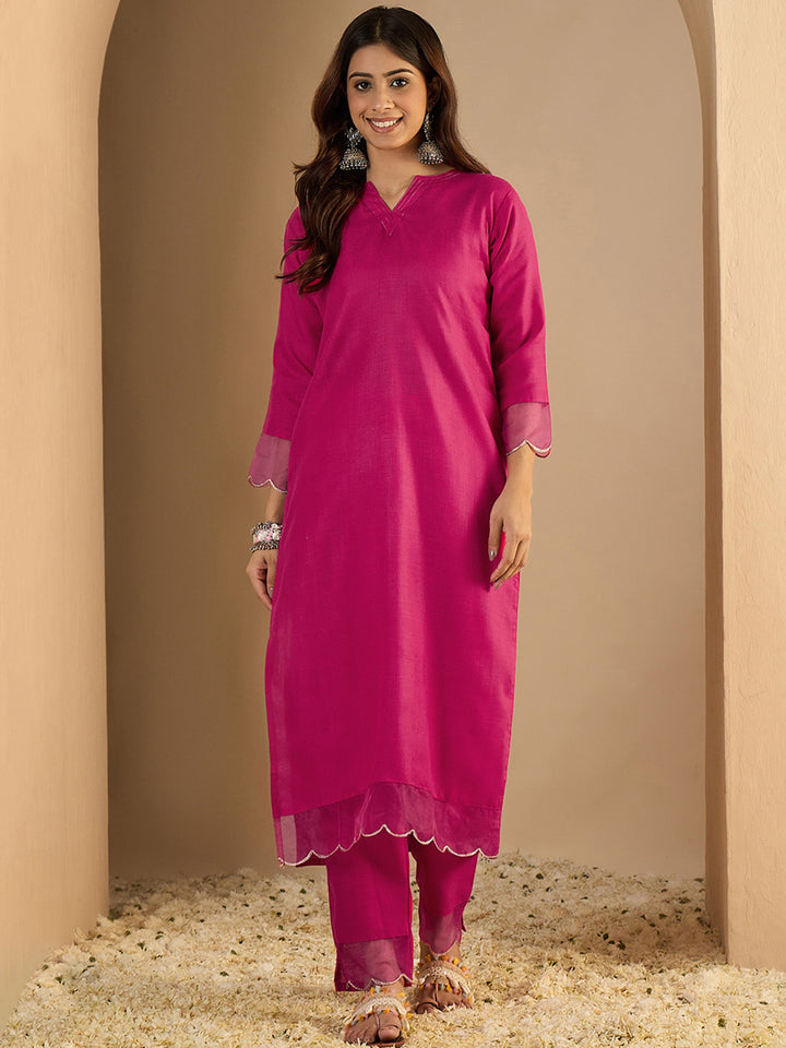 Fuschia Pink Embroidered Cotton Blend Kurta Pant with Dupatta