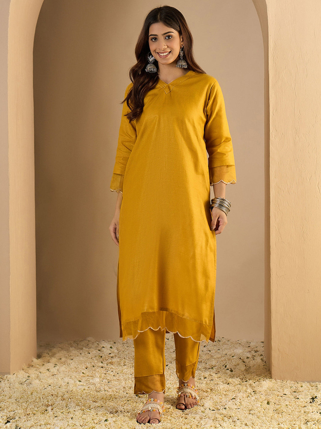 Mustard Embroidered Cotton Blend Kurta Pant with Dupatta