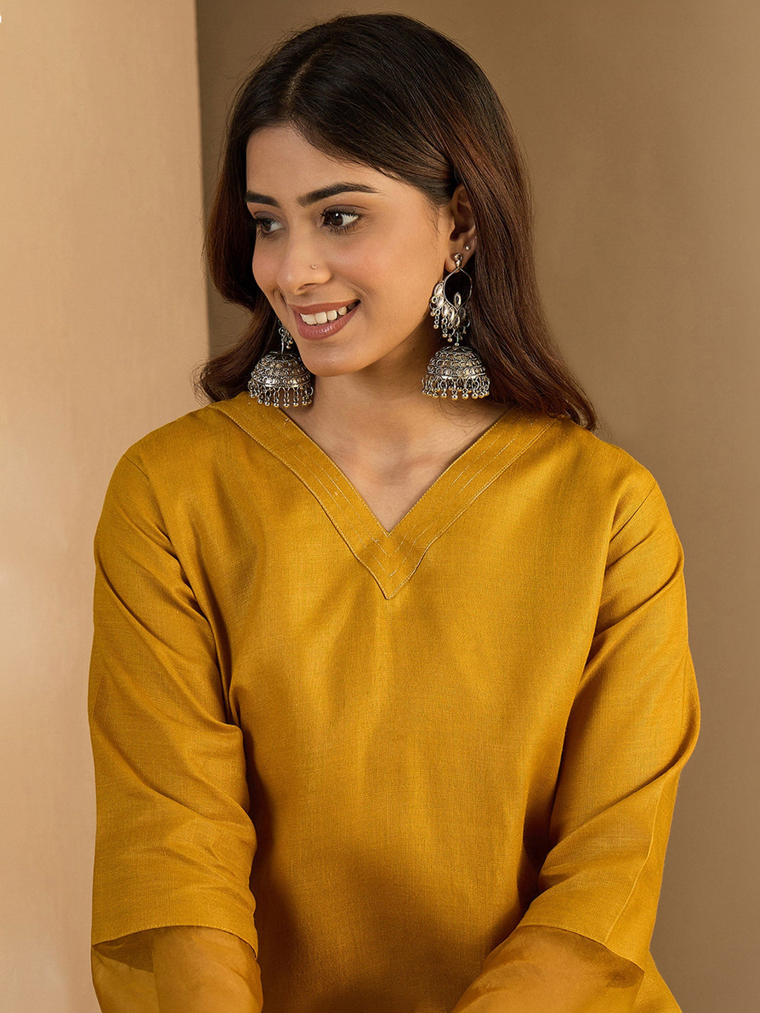 Mustard Embroidered Cotton Blend Kurta Pant with Dupatta