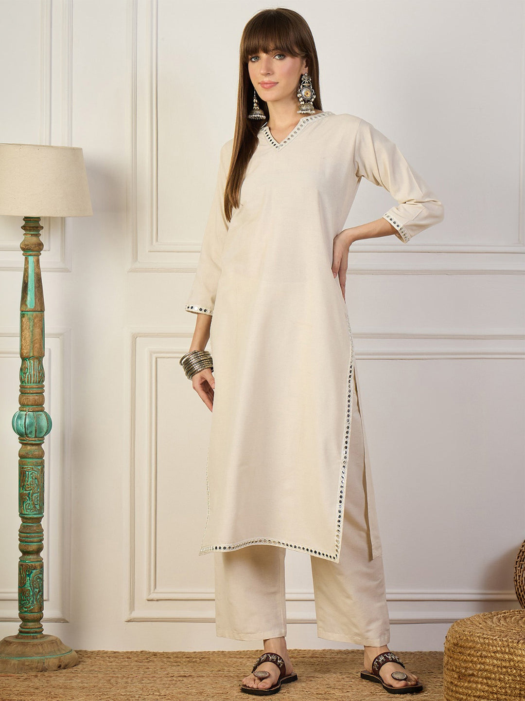 Cream Embroidered Cotton Blend Kurta Pant with Dupatta