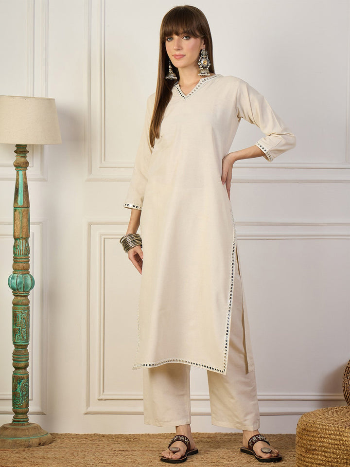 Cream Embroidered Cotton Blend Kurta Pant with Dupatta