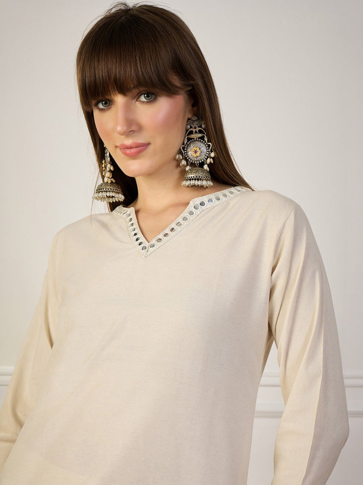 Cream Embroidered Cotton Blend Kurta Pant with Dupatta