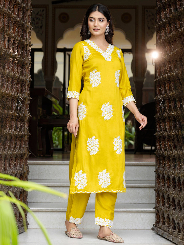Yellow Embroidered Art Silk Kurta Pant with Dupatta