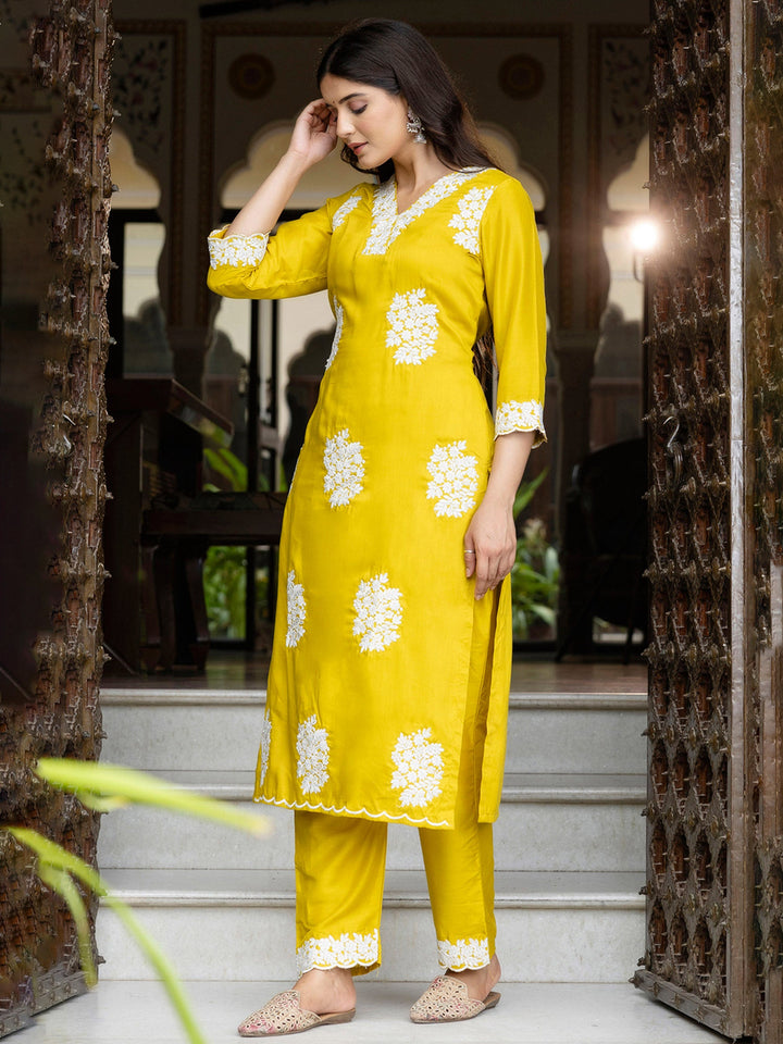 Yellow Embroidered Art Silk Kurta Pant with Dupatta