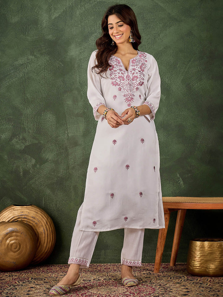 Grey Embroidered Art Silk Kurta Pant with Dupatta