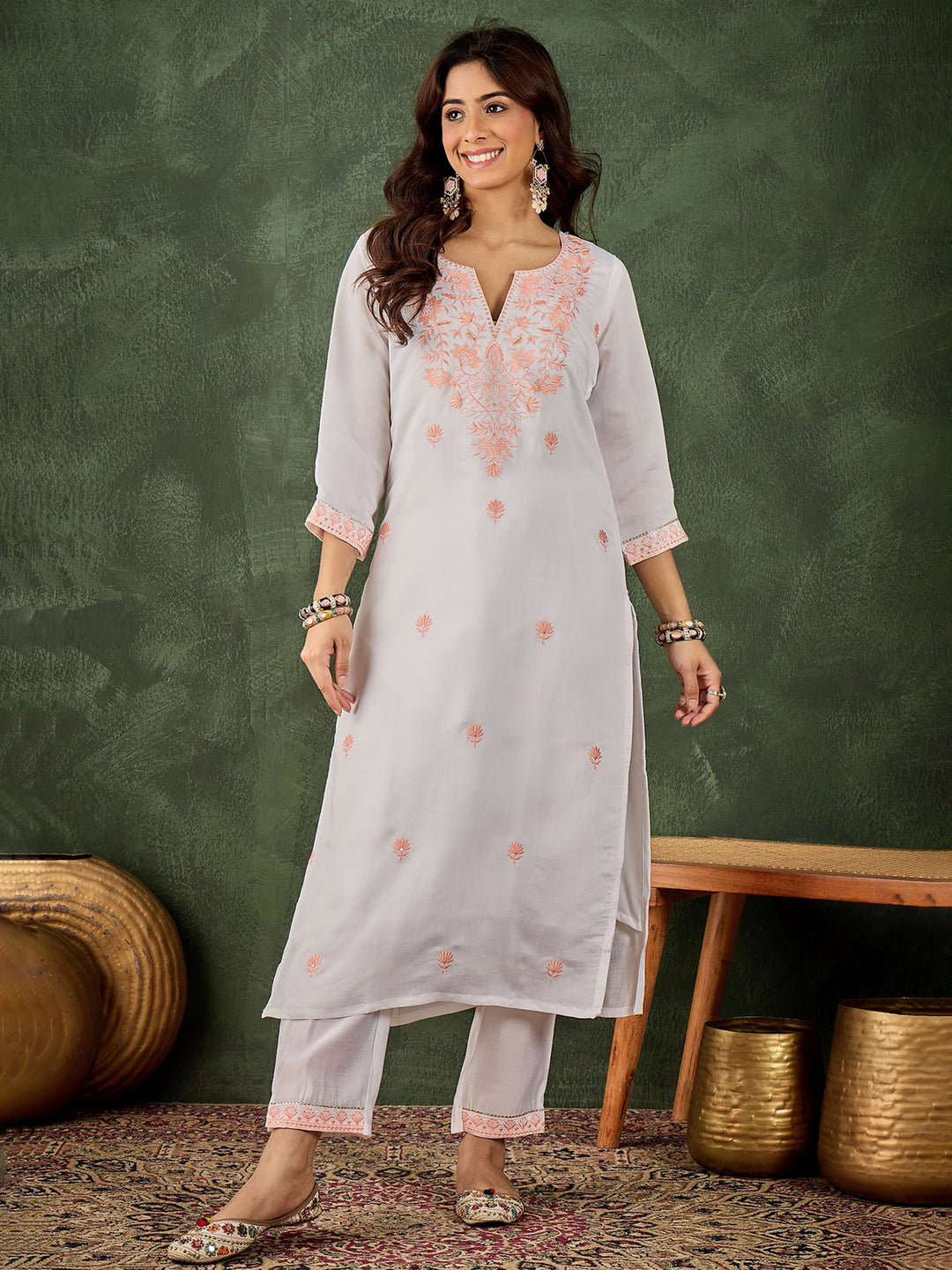 Grey Embroidered Art Silk Kurta Pant with Dupatta