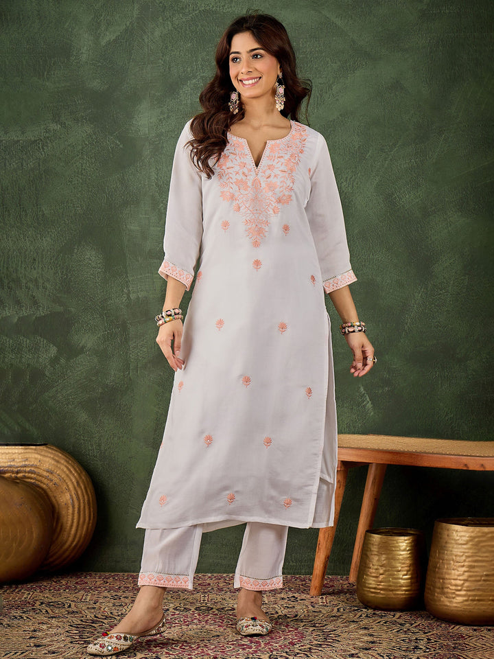 Grey Embroidered Art Silk Kurta Pant with Dupatta