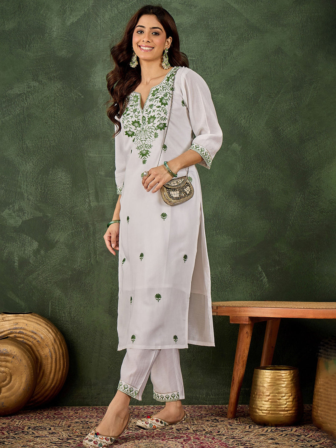 White Embroidered Art Silk Kurta Pant with Dupatta