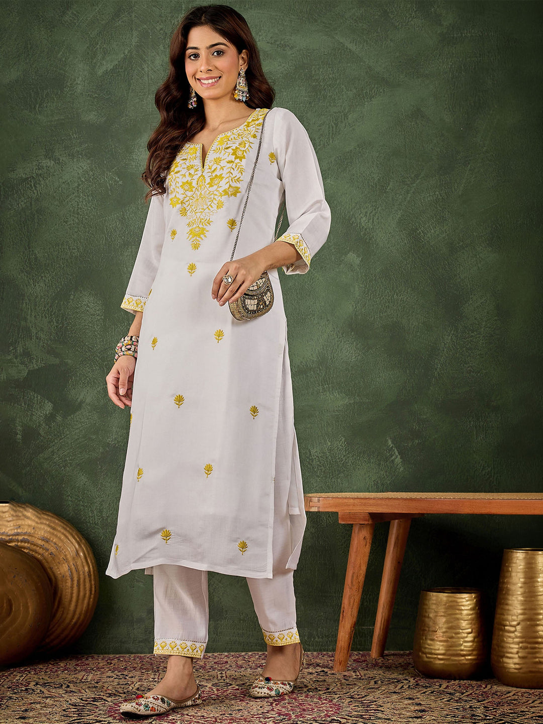 White Embroidered Art Silk Kurta Pant with Dupatta
