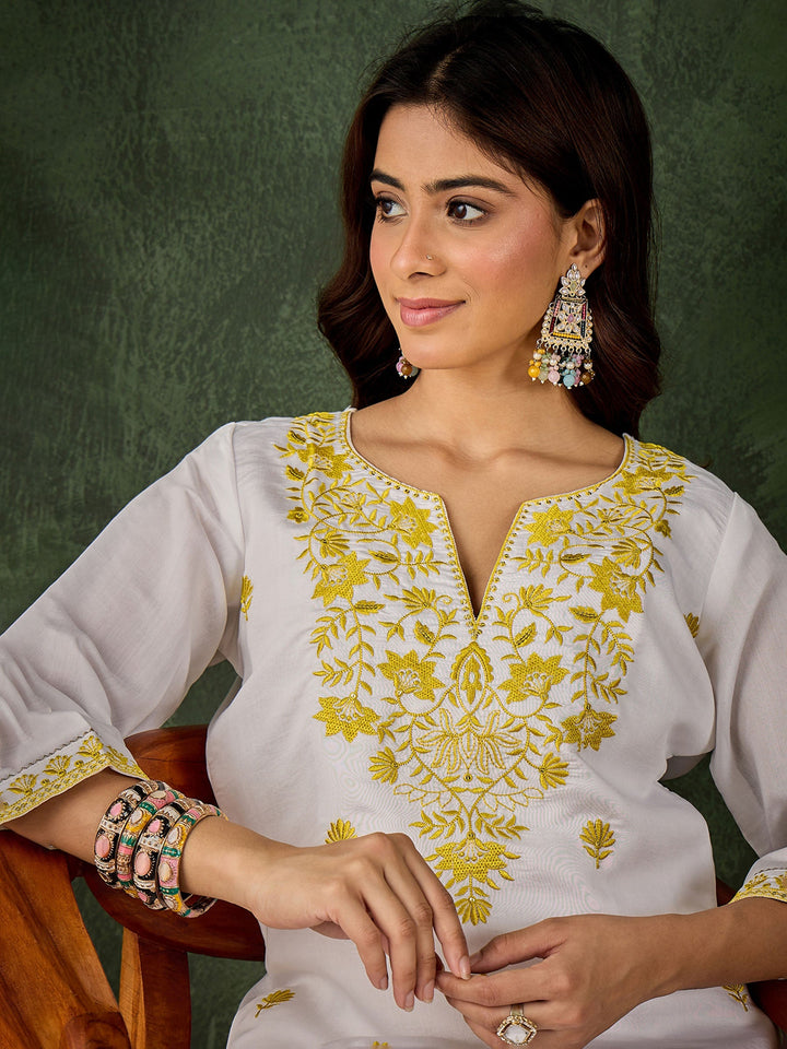 White Embroidered Art Silk Kurta Pant with Dupatta