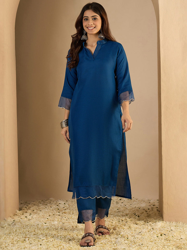 Navy Blue Embroidered Cotton Blend Kurta Pant with Dupatta