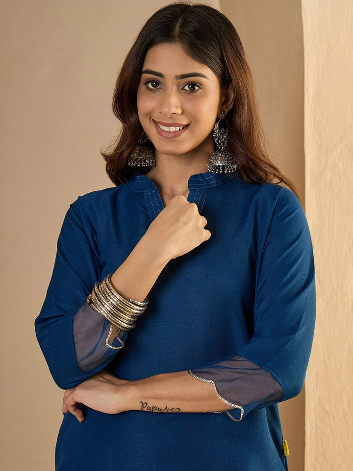 Navy Blue Embroidered Cotton Blend Kurta Pant with Dupatta