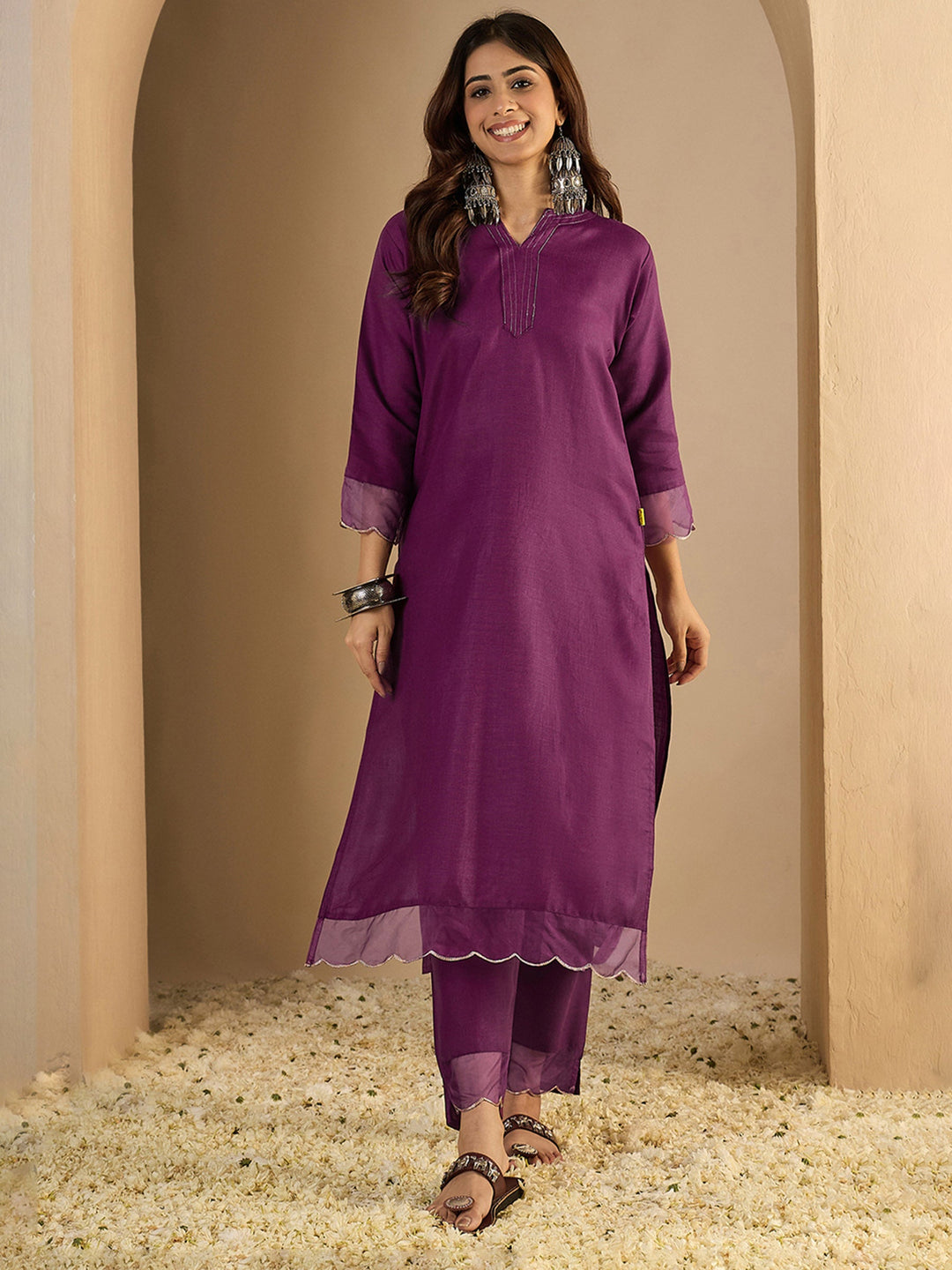 Purple Embroidered Cotton Blend Kurta Pant with Dupatta