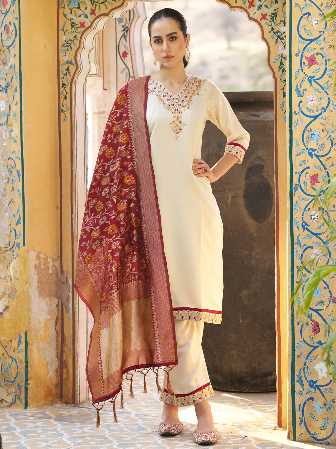 Beige Embroidered Art Silk Kurta Pant with Dupatta