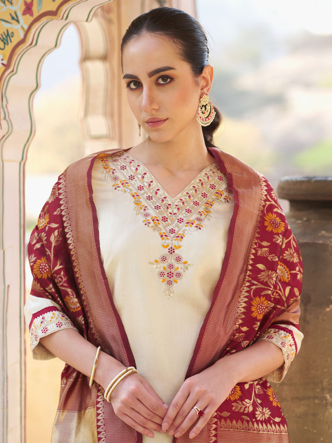 Beige Embroidered Art Silk Kurta Pant with Dupatta