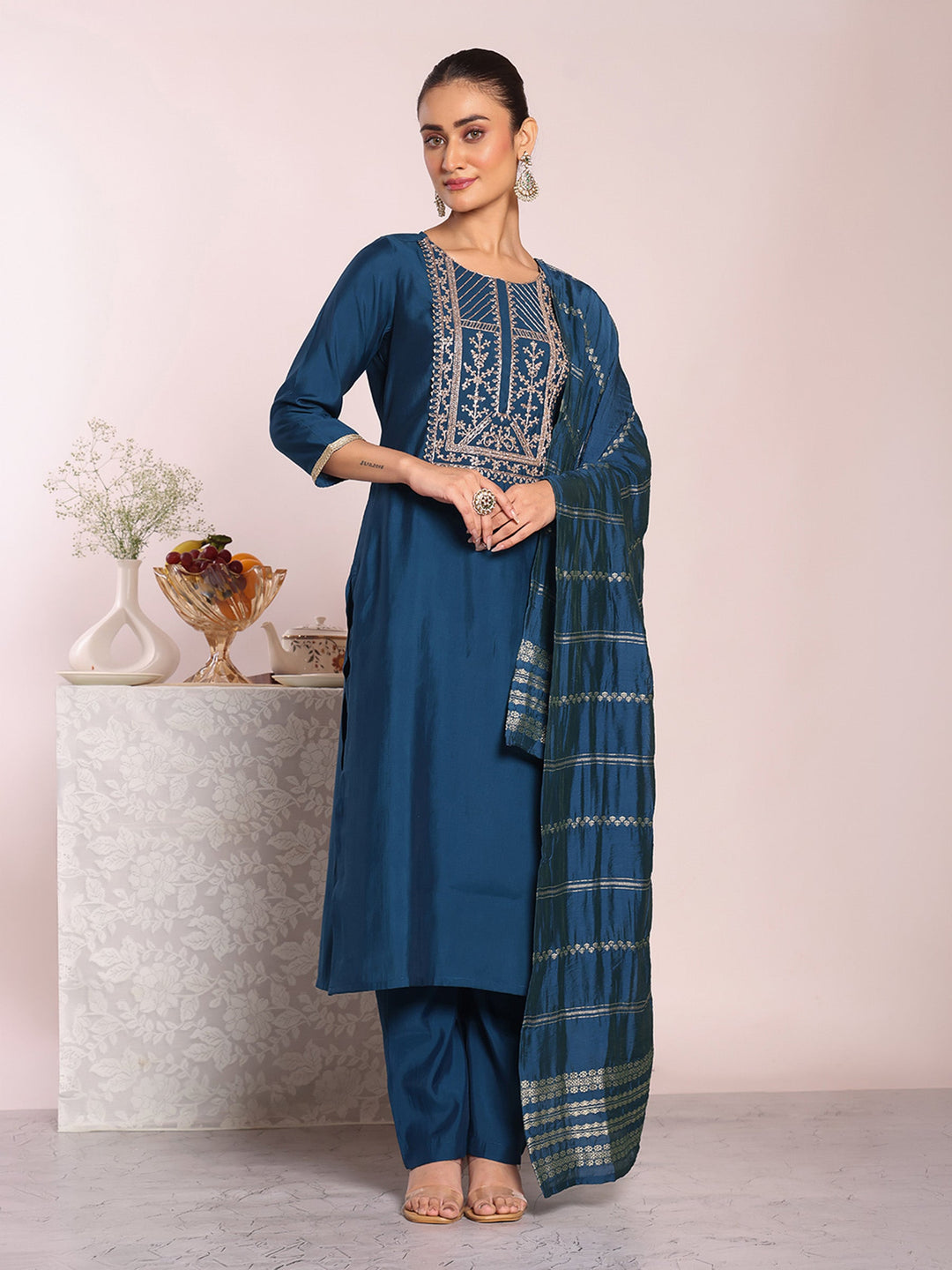 Blue Embroidered Art Silk Kurta Pant with Dupatta