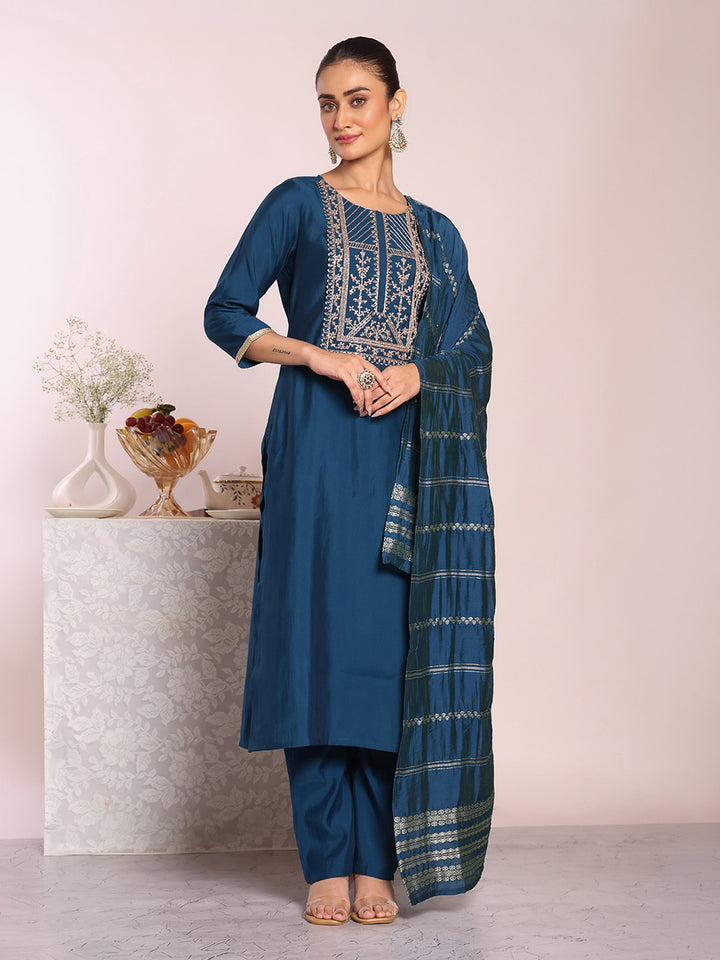 Blue Embroidered Art Silk Kurta Pant with Dupatta