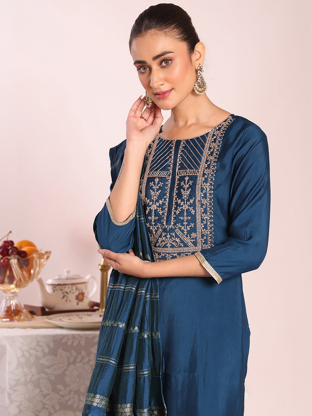 Blue Embroidered Art Silk Kurta Pant with Dupatta