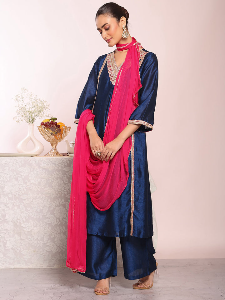 Blue Embroidered Art Silk Kurta Pant with Dupatta