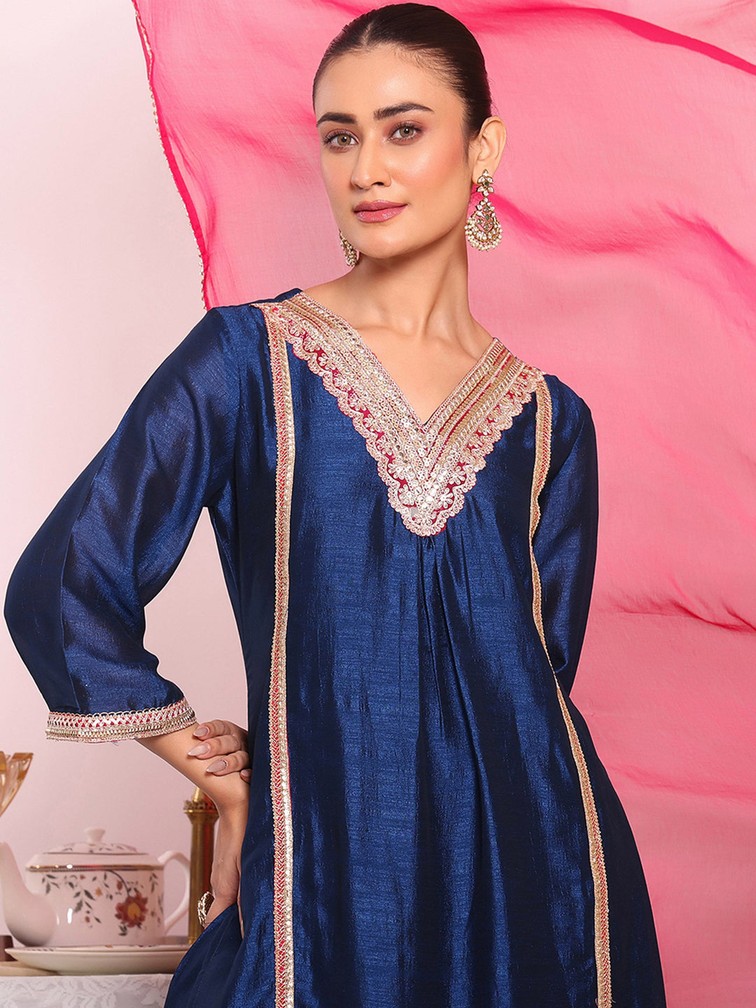 Blue Embroidered Art Silk Kurta Pant with Dupatta