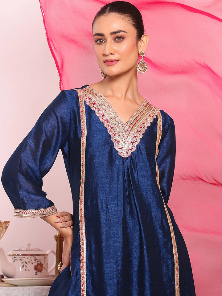Blue Embroidered Art Silk Kurta Pant with Dupatta