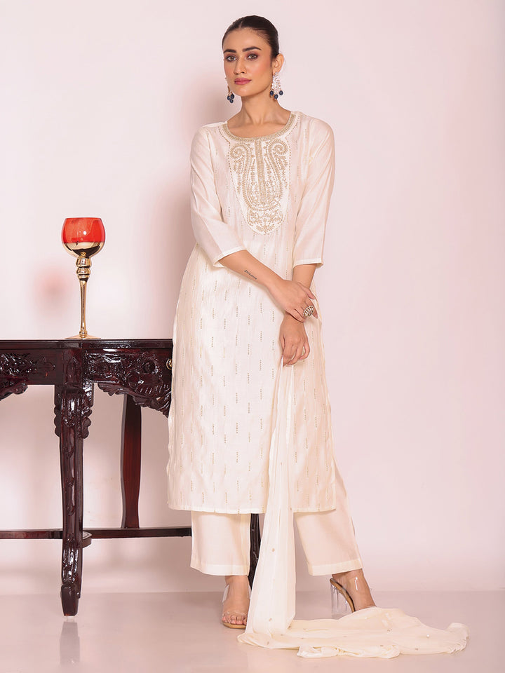 Off White Embroidered Art Silk Kurta Pant with Dupatta