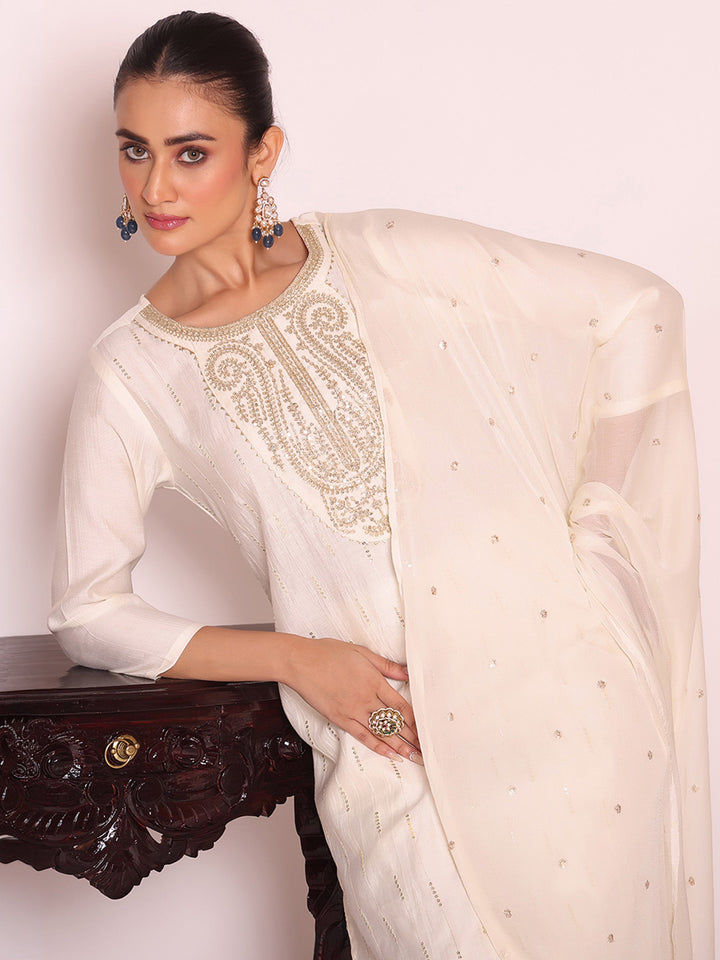 Off White Embroidered Art Silk Kurta Pant with Dupatta