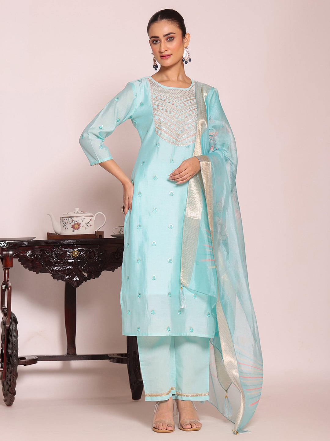 Sky Blue Embroidered Art Silk Kurta Pant with Dupatta