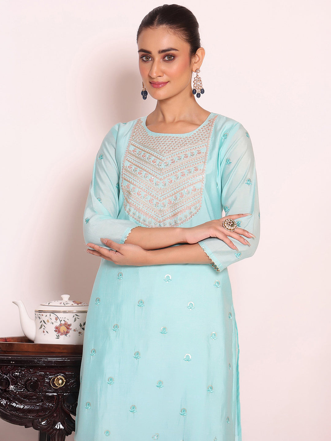 Sky Blue Embroidered Art Silk Kurta Pant with Dupatta