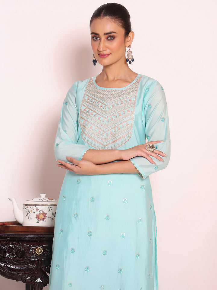 Sky Blue Embroidered Art Silk Kurta Pant with Dupatta