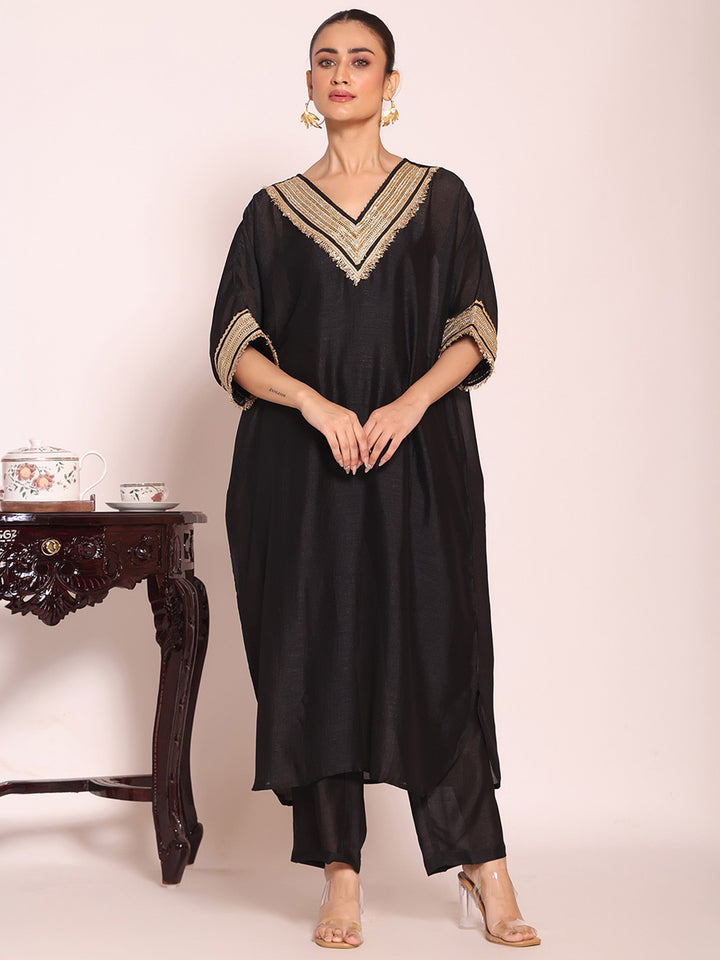 Black Embroidered Art Silk Kurta Pant with Dupatta