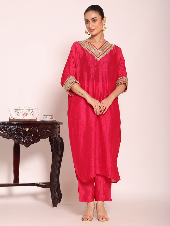 Rani Embroidered Art Silk Kurta Pant with Dupatta