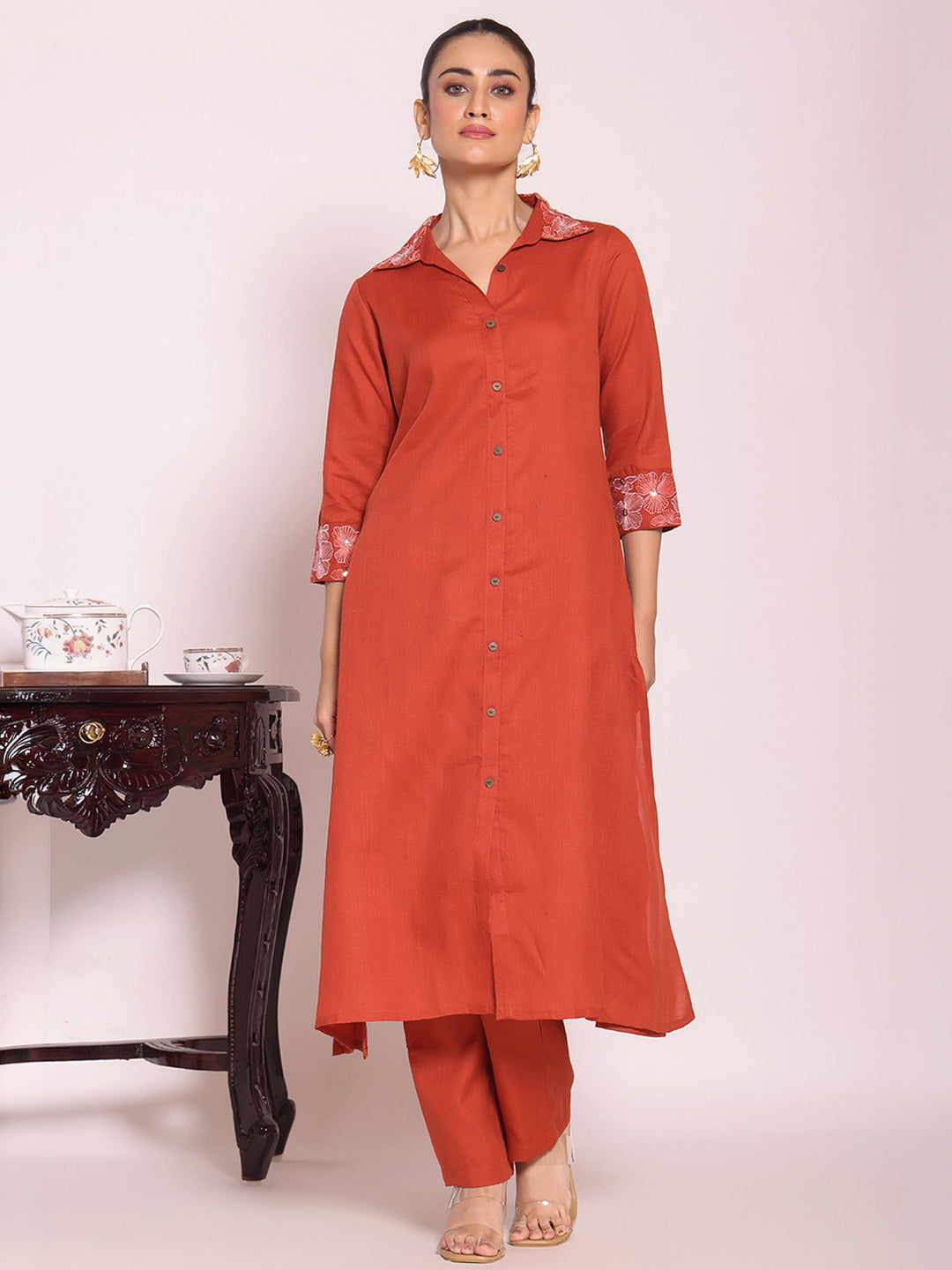 Rust Embroidered Art Silk Kurta Pant with Dupatta