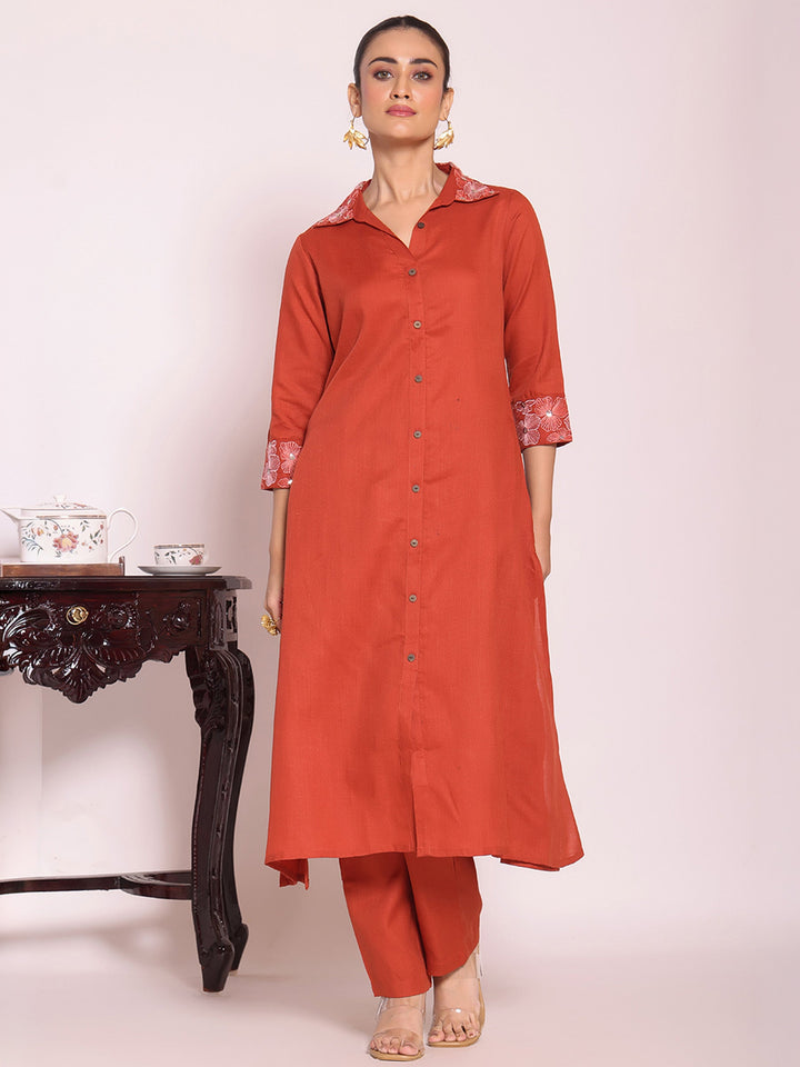 Rust Embroidered Art Silk Kurta Pant with Dupatta