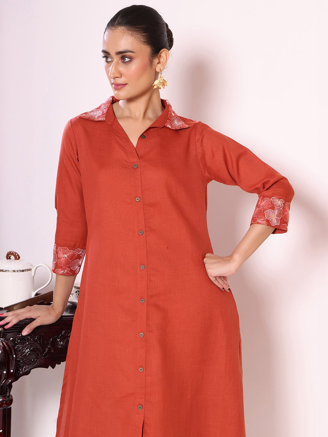 Rust Embroidered Art Silk Kurta Pant with Dupatta