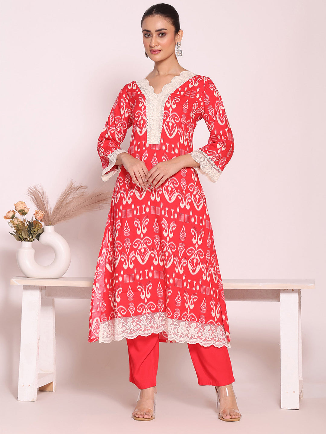 Peach Embroidered Art Silk Kurta Pant with Dupatta