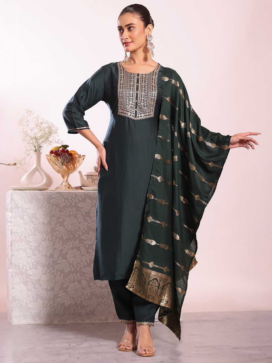 Black Embroidered Art Silk Kurta Pant with Dupatta