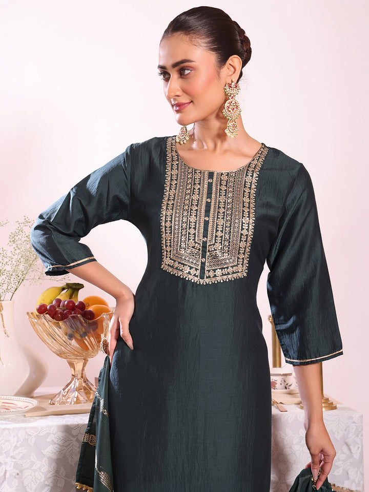 Black Embroidered Art Silk Kurta Pant with Dupatta