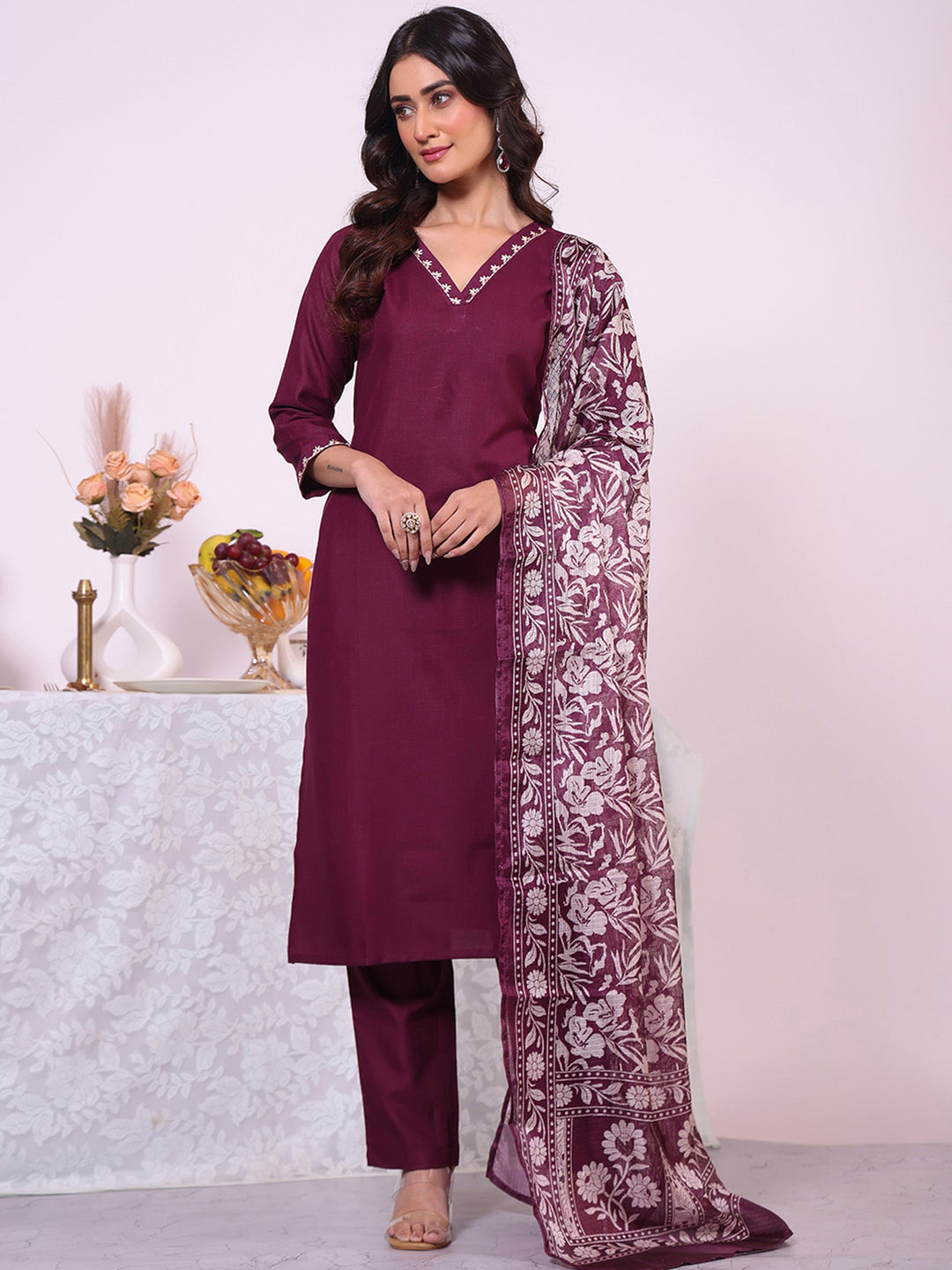 Wine Embroidered Art Silk Kurta Pant with Dupatta
