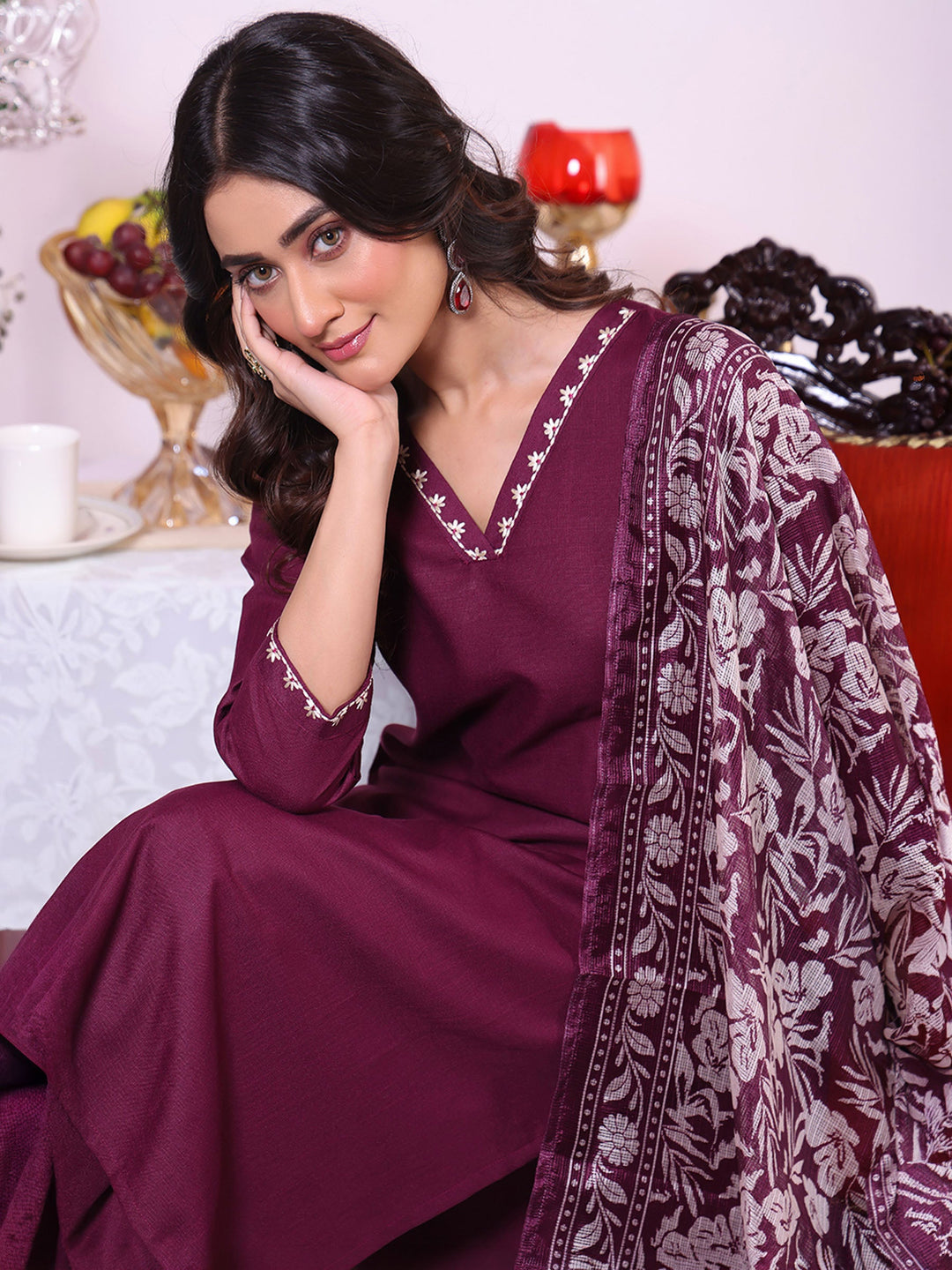 Wine Embroidered Art Silk Kurta Pant with Dupatta
