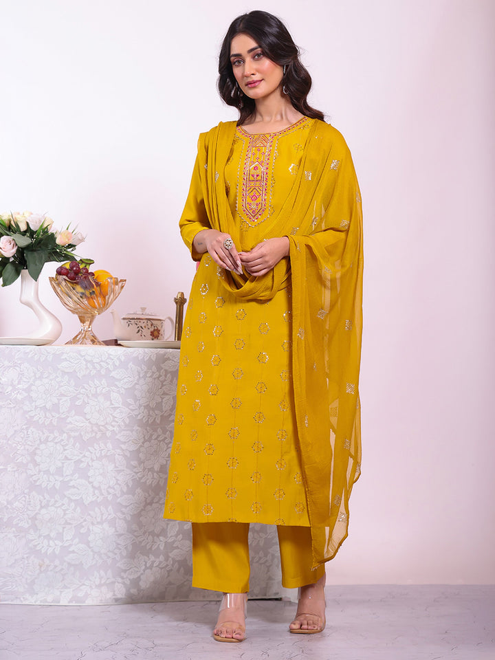 Yellow Embroidered Art Silk Kurta Pant with Dupatta