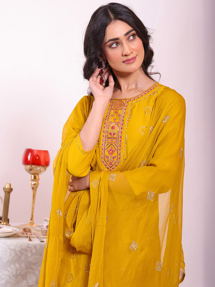 Yellow Embroidered Art Silk Kurta Pant with Dupatta