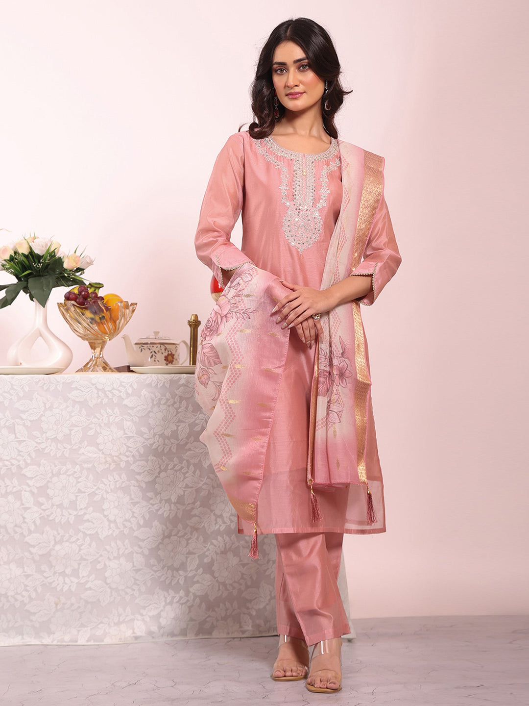 Pink Embroidered Art Silk Kurta Pant with Dupatta