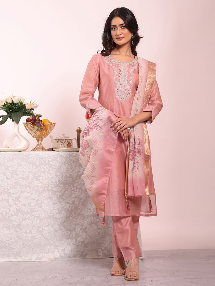 Pink Embroidered Art Silk Kurta Pant with Dupatta