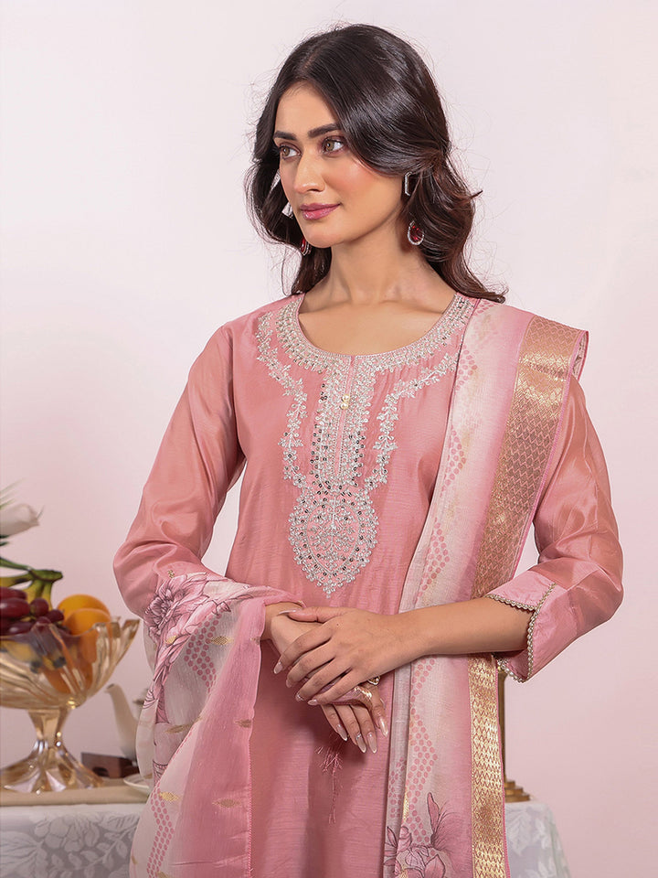 Pink Embroidered Art Silk Kurta Pant with Dupatta