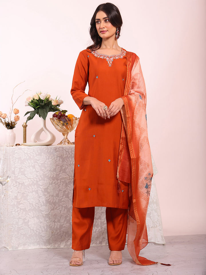 Rust Embroidered Art Silk Kurta Pant with Dupatta