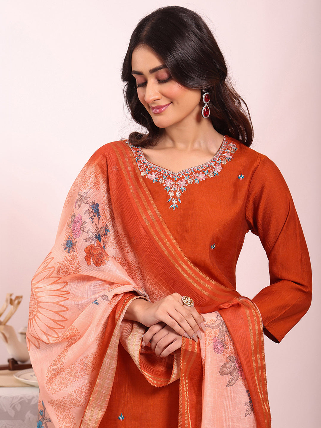 Rust Embroidered Art Silk Kurta Pant with Dupatta