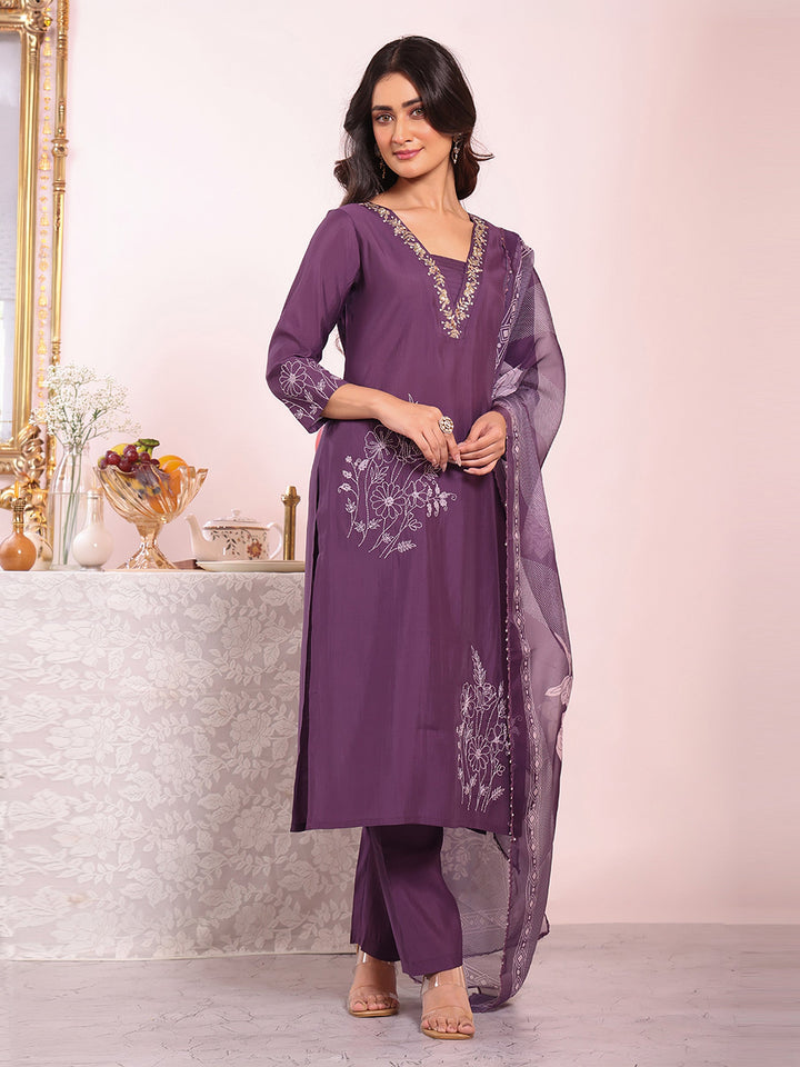 Purple Embroidered Art Silk Kurta Pant with Dupatta