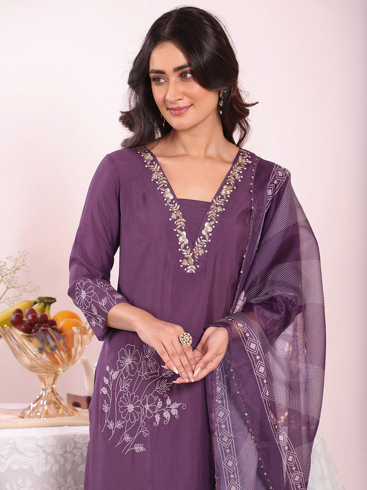 Purple Embroidered Art Silk Kurta Pant with Dupatta